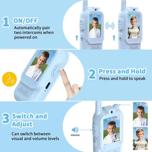 Vista 5 de Walkie Talkies de video para niños de BlueFire – Radios de juguete con pantalla y efectos de voz, emparejamiento uno a uno, largo alcance – Regalos