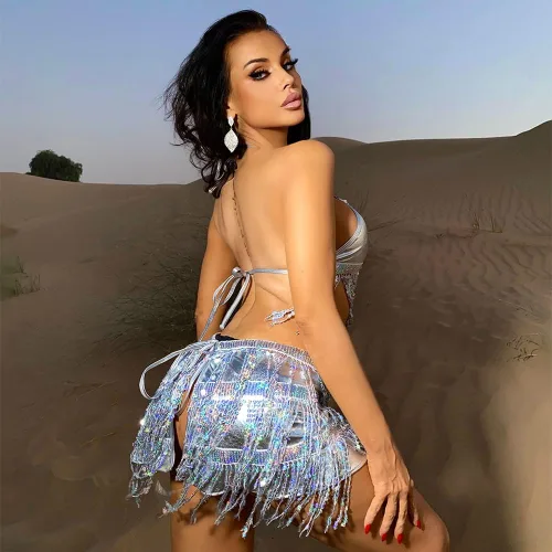 Vista 3 de Conjunto de falda para danza del vientre, lentejuelas brillantes, flecos, borlas y faldas cortas, para festivales y raves para mujer