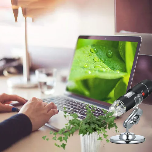 Vista 8 de Andoer Microscopio digital USB 1600X cámara de aumento 8 LED con soporte portátil de inspección de mano lupa