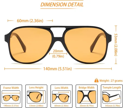 Vista 3 de Lentes de sol vintage retro de los años 70 para mujer y hombre, montura clásica, cuadrada y grande estilo aviador, lentes naranjas de moda UV400