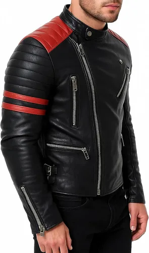 Vista 2 de Black Leather Jacket for Men - Cafe Racer Brando Style with Red Stripes Quilted Motorcycle Real Leather Jacket
