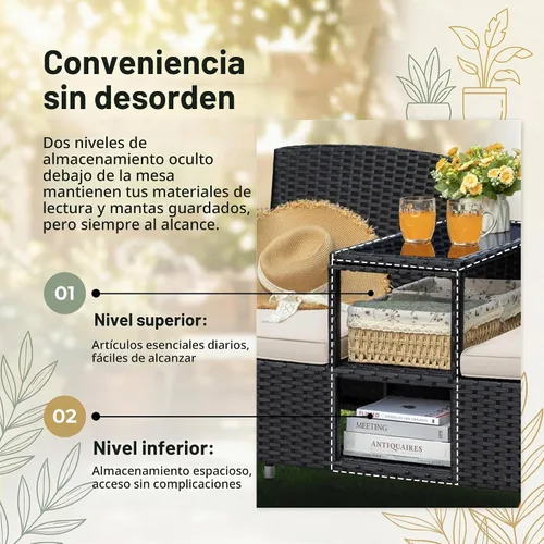Vista 4 de Devoko Juego de sofá biplaza para patio al aire libre, moderno, de ratán de 2 asientos, con cojines y mesa auxiliar integrada, muebles de porche