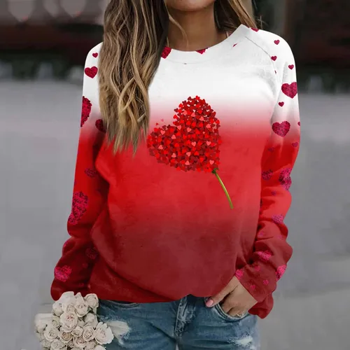 Vista 2 de Camisetas para el día de San Valentín para mujer, sudaderas con cuello redondo y estampado de corazón, manga larga, suéter casual de moda