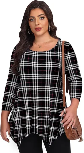 Vista 4 de LARACE - Camisa de talla extragrande para mujer, camisa tipo túnica con manga 3/4, ajuste holgado, ropa básica para mujer 2-negro_cuadros