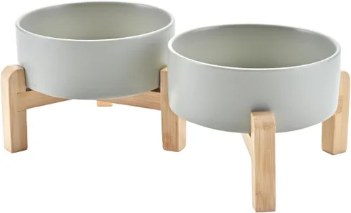 Vista 37 de SPUNKYJUNKY Cuencos elevados de cerámica para perros, 5.1 pulgadas, para comida de perros y gatos, cuencos elevados con soporte de bambú Verde oscuro