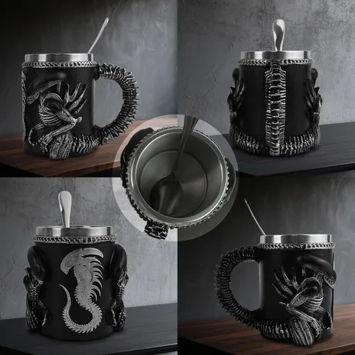 Vista 2 de Taza de 14 onzas con cuchara de extraterrestre, regalo para fanáticos Negro