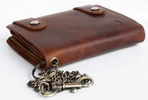 Vista 2 de FLW Billetera de cuero genuino para hombre con cadena de metal para colgar, Marrón, Cartera grande