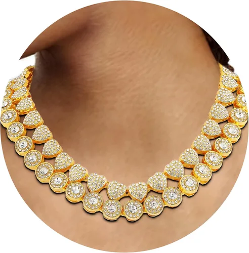 Vista 4 de Cadena de tenis de diamantes agrupados de doble capa, collar de cadena cubana de Miami para mujer, collar de cadena de corazón helado, regalo