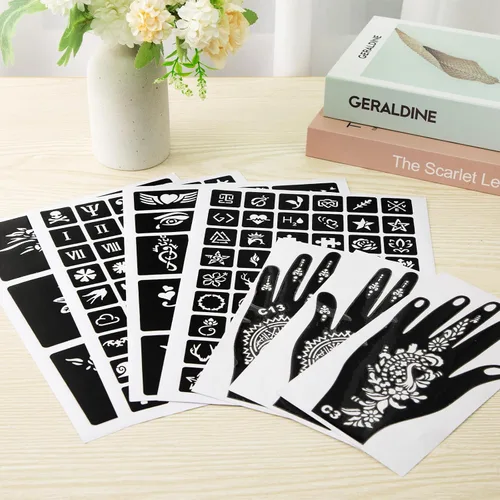 Vista 5 de MCPINKY Kit de plantillas de tatuaje de henna – 283 hojas árabes realistas temporales con purpurina semipermanente para mujeres y niñas