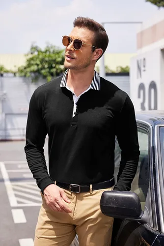 Vista 2 de COOFANDY Polo de manga larga para hombre, cuello a rayas, casual, ajustado, de algodón