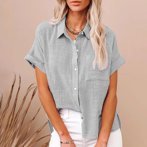 Vista 2 de SMIDOW Camisas de lino de algodón con botones para mujer, cuello en V, manga corta, enrollables, blusas de cuello holgado, blusas casuales de trabajo
