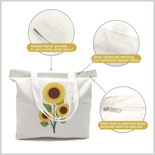 Vista 3 de Bolsa de lona para mujer bolsa de hombro grande de lona con cremallerabolsillo interior bolsa de compras reutilizable bolsa de almacenamiento