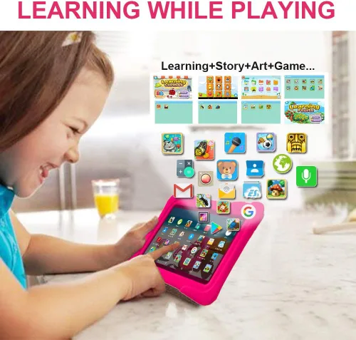 Vista 4 de PRITOM tableta para niños de 7 pulgadas Quad Core Android 13, 32 GB ROM WiFi, Bluetooth, cámara dual Educativo, juegos, control parental, Rosa