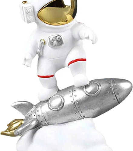 Vista 2 de Figura de astronauta de resina, escultura de astronauta, estatua del espacio exterior para decoración del hogar, adorno de oficina, cohete plateado