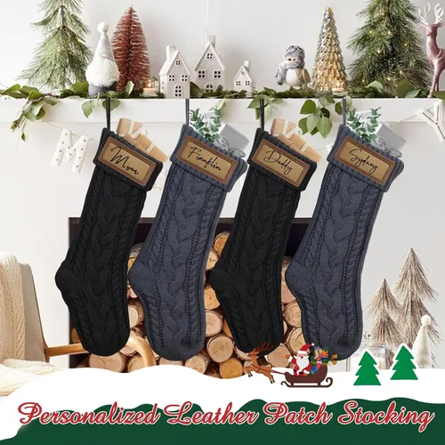 Vista 8 de steo spce Paquete de 4 medias de Navidad personalizadas con parches de cuero, medias de Navidad personalizadas con nombre, medias de Navidad