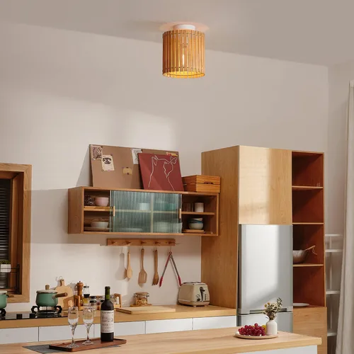Vista 2 de Globe Electric 65898 Lámpara de techo empotrada de 1 luz, blanco mate, pantalla de bambú natural