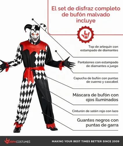 Vista 2 de Morph, Disfraz de bufón para hombre, traje de bufón, disfraces de Halloween