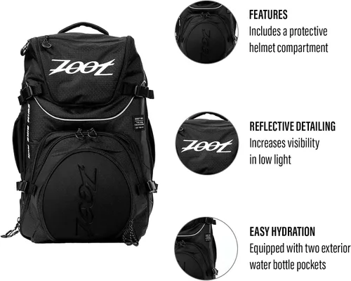 Vista 2 de Zoot Ultra Tri Bag, mochila de transición de triatlón con almacenamiento húmedo para hombres y mujeres atletas, día de carrera, viajes y tren, negro