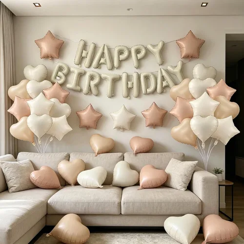 Vista 9 de Globos de papel de aluminio de feliz cumpleaños, globos neutros de color crema, caramelo, beige, marrón, globos de corazón para niñas y niños