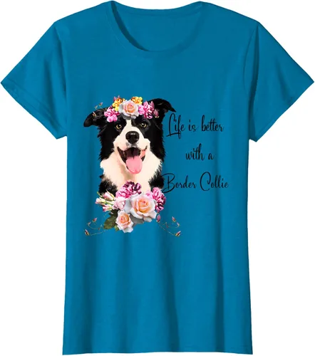 Vista 93 de Life is Better With a Border Collie - Camiseta de perro lindo con flores, gris, S Gris Oscuro