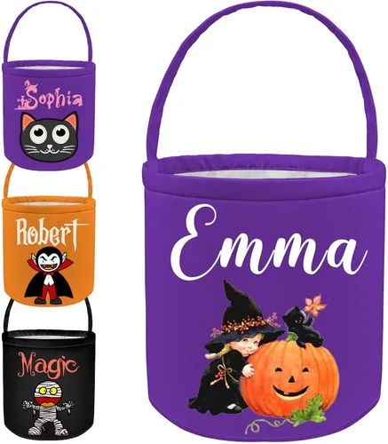 Vista 10 de Cubo personalizado de Halloween con nombre, cesta de dulce o truco de Halloween, regalo personalizado para niños y niñas, color negro
