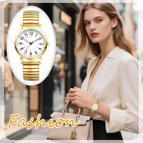 Vista 5 de Avaner Relojes de banda elástica para mujer correa elástica para mujer, esfera grande, oro y plata, cuarzo fácil de leer, reloj de pulsera