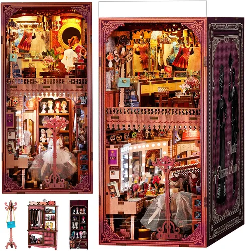 Vista 19 de fifijoy Kit de rincón de libros, casa de muñecas en miniatura para adultos y adolescentes, rompecabezas de madera 3D con luz LED, decoración retro