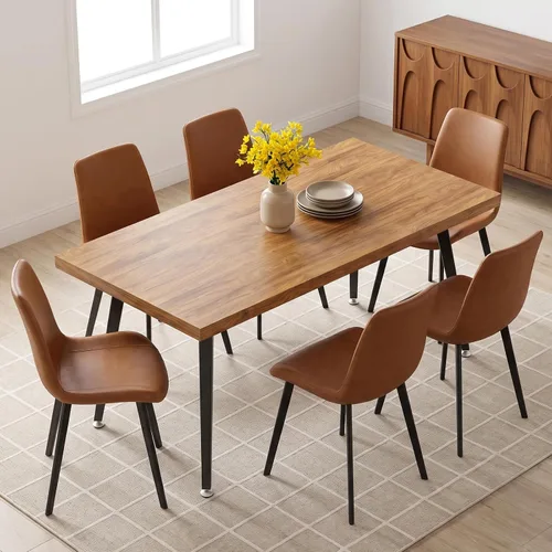 Vista 32 de ZckyCine Conjunto moderno de mesa de comedor de 5 piezas con mesa rectangular de madera y 4 sillas tapizadas en cuero, capacidad para 4 personas