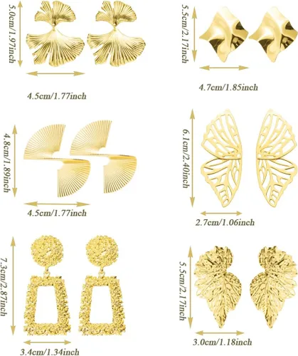 Vista 3 de LOREMOW 12 pares de aretes grandes de oro para mujeres y niñas, aretes grandes geométricos exagerados, aretes colgantes de hojas trenzadas