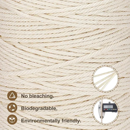 Vista 3 de Cordón de macramé 3mm x 300m Cuerda de macramé 100% algodón natural Cordón de algodón trenzado de 4 hebras para manualidades DIY, adornos