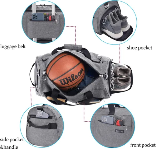 Vista 3 de Kuston Bolsa de gimnasio deportiva con compartimento para zapatos y bolsillo húmedo, bolsa de lona para gimnasio para hombres y mujeres, Gris
