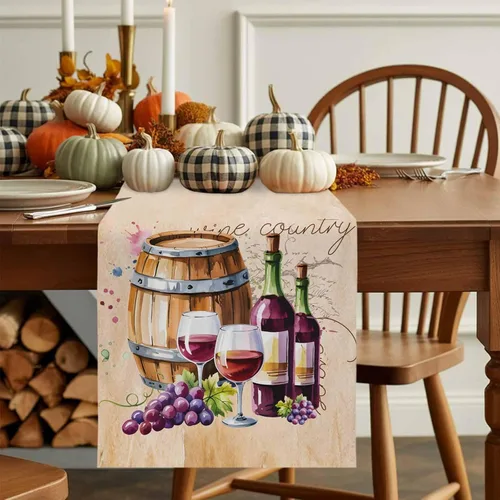 Vista 8 de Camino de mesa de otoño, caminos de mesa de vino y uva, cosecha, Acción de Gracias, vintage, barril de vino, de algodón, lino, bufanda, cocina, mesa