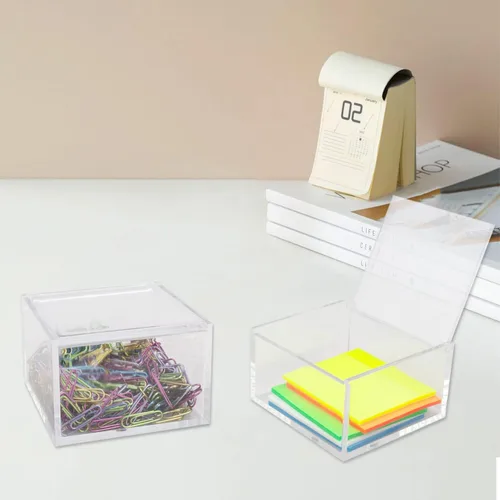 Vista 4 de Paquete de 2 organizadores de acrílico transparente con tapa para clips de papel, notas adhesivas, Qtip, bolas de algodón, soporte para lazos
