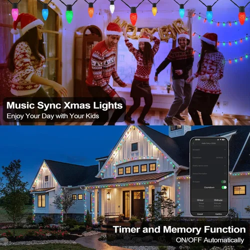 Vista 5 de Luces de Navidad Inteligentes C9 para Exteriores, 66 PIES 100 LED Control Remoto APP Luces de Cadena, Luces de Navidad DIY Persecución, Cambio