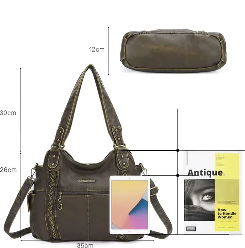Vista 169 de Angel Barcelo - Bolsa de hombro amplia para mujer, diseño Hobo, cuero lavado
