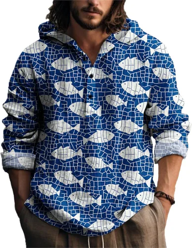 Vista 21 de MARSVOVO Camisa con capucha para hombre, vintage, retro, de 3 botones, manga larga, ligera, ligera, a la moda, casual, para uso diario, primavera