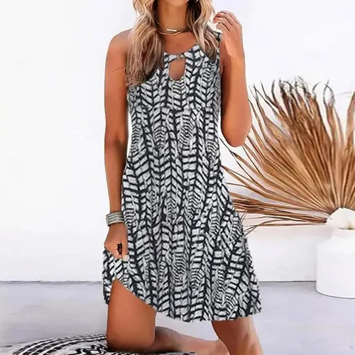 Vista 2 de Vestidos de verano 2023 para mujer, trajes del 4 de julio para mujer, vestido corto floral sin mangas, vestido camiseta con abertura para la playa
