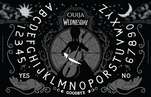 Vista 6 de Ouija: Miércoles Inspirado en la popular serie original Miércoles Juego de mesa clásico coleccionable Ouija Juego y mercancía con licencia