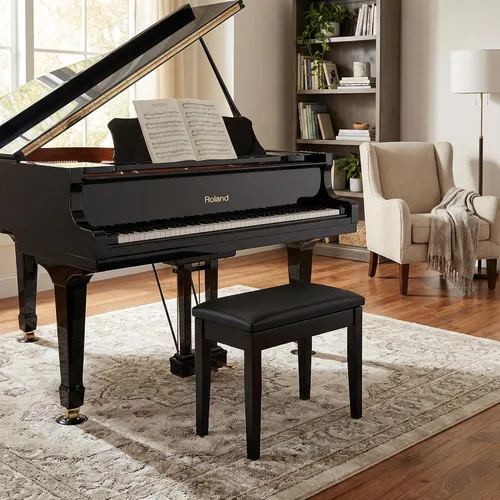 Vista 2 de Roland PB1 - Banco de piano con compartimento de almacenamiento, paquete negro con pedal de sostenimiento