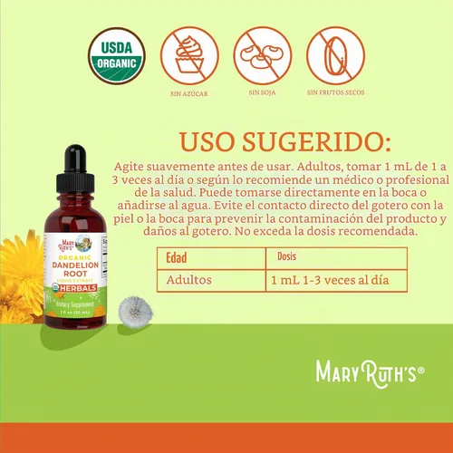 Vista 3 de Extracto de Raíz de Diente de León Orgánico de MaryRuth's USDA Orgánico Fácil de Tomar Suplemento Líquido de Raíz de Diente de León Extracto