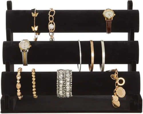 Vista 6 de Soporte para joyas3-Tier de terciopelo joyas brazalete collar con dije Display Rack, Negro 12x 9x 7pulgadas