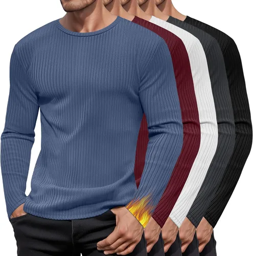 Vista 14 de Paquete de 5 camisas térmicas de algodón para hombre, manga larga, acanaladas, cuello redondo, ajustadas, suéter casual
