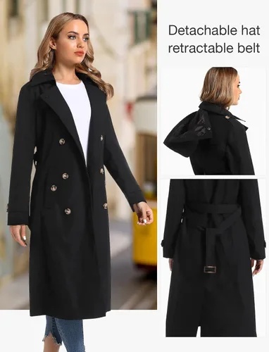 Vista 4 de poonyfesh Gabardina larga impermeable resistente al viento para mujer clásica con solapa de doble botonadura con capucha extraíble