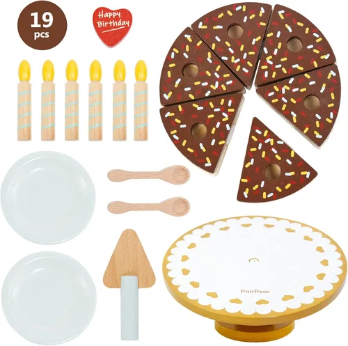 Vista 2 de PairPear Juego de pastel de fiesta de cumpleaños para niños, juguetes de madera para jugar comida Play Cutting Food Fake Cake Toddler Girl Gifts