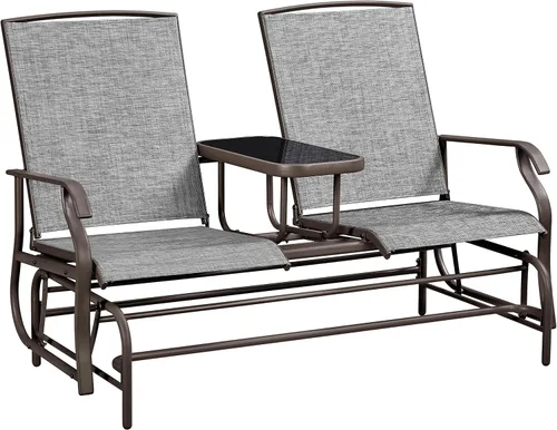 Vista 10 de Yaheetech Planeador de 2 asientos para exteriores con mesa central, sofá biplaza mecedora para patio con marco de metal resistente de malla Beige