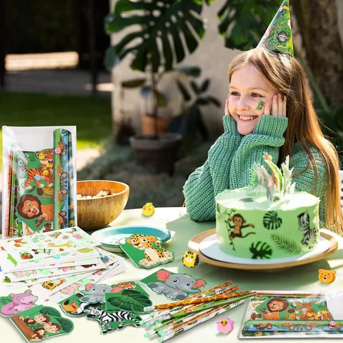 Vista 5 de BenLouis 120Pcs Recuerdos de fiesta de Safari en la jungla, sellos de estampado de animales del zoológico, pulseras de bofetada, juego de papelería