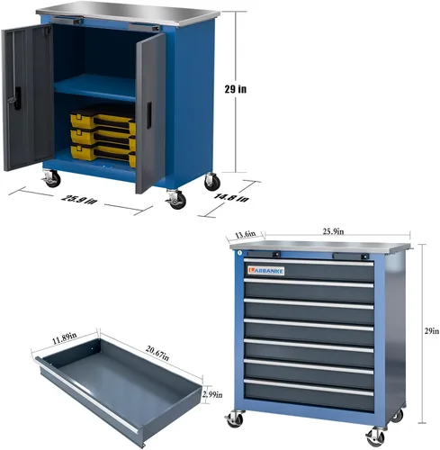 Vista 5 de LARBANKE Caja de herramientas combinada con cerradura, 5 cajones, 7 cajones, 2 puertas, el armario de herramientas se puede interconectar, caja