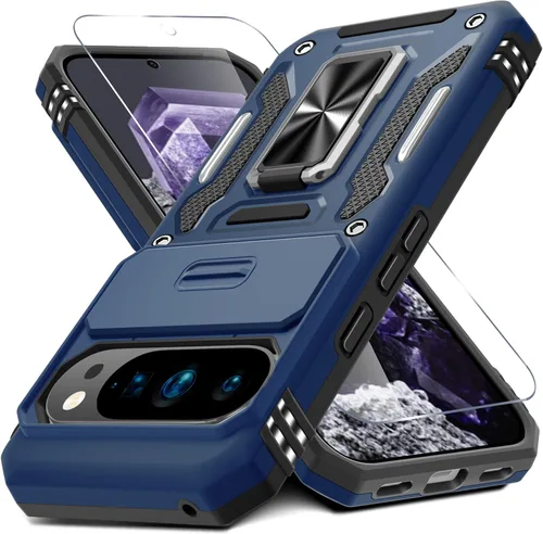 Vista 23 de DEERLAMN Funda para Google Pixel 8 con cubierta deslizante para cámara + protector de pantalla (1 paquete), soporte de anillo giratorio grado
