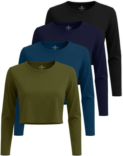 Vista 14 de Real Essentials 4 Pack: Camiseta de manga larga y cuello redondo para mujer, de algodón, recortada - Camiseta casual corta