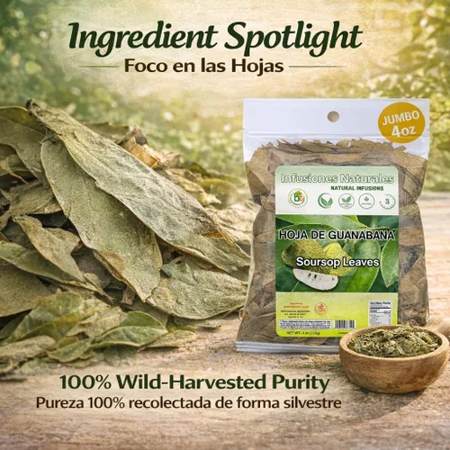 Vista 6 de Hojas de Guanábana (Té de Hojas de Guanábana) – Jumbo 4 oz – 100% Natural, Vegano, Sin OGM, Silvestre y Auténtico – Té Herbal Sin Cafeína – Rinde